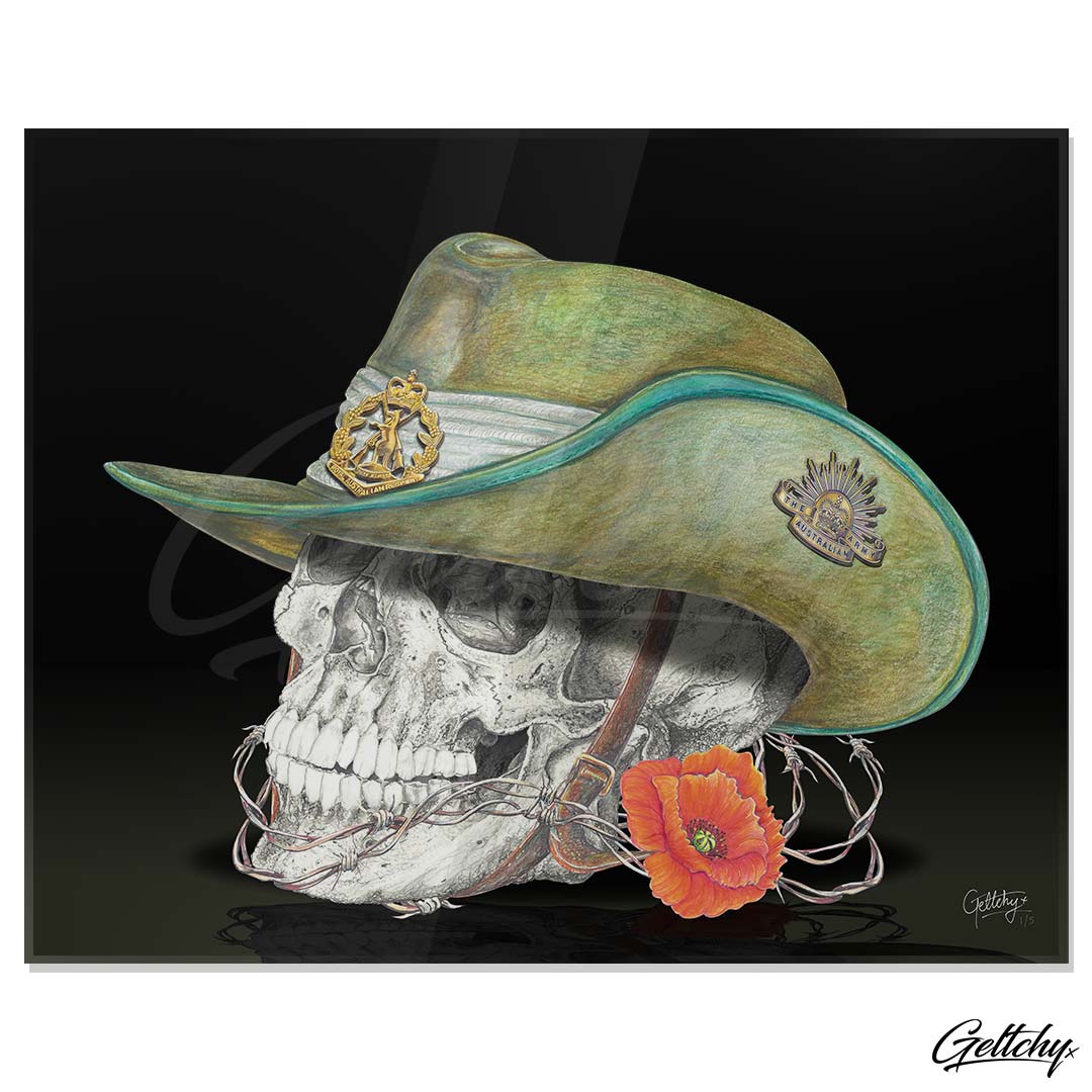 Geltchy | WE WILL REMEMBER THEM Australian Army ANZAC Skull with Slouch Hat Digger Acrylic Illustrated Frameless Modern Contemporary Acrylic Plexiglass Artwork Print
