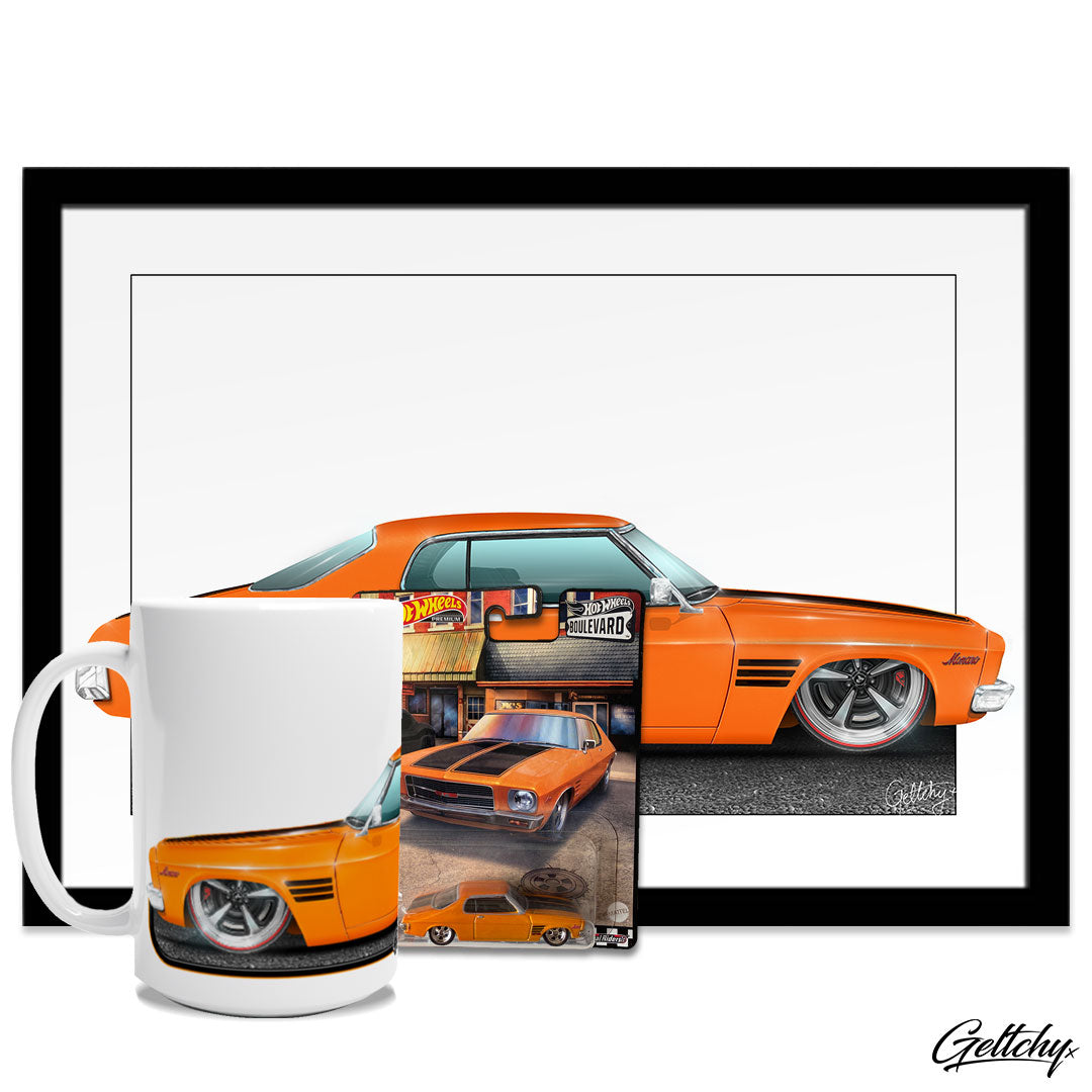 Geltchy | HOT WHEELS 73 HOLDEN HQ MONARO GTS Rare and Collectable A3 Framed Artwork, Mug and #53 Hot Wheels Boulevard Premium Die Cast Metal Car Ultimate Collection