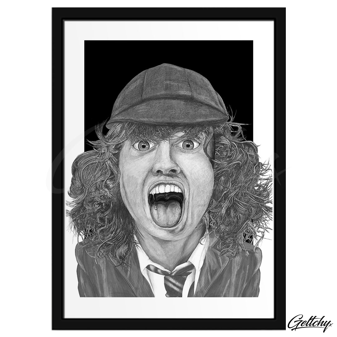 Geltchy | BACK IN BLACK Angus Young AC/DC Aussie Rock & Roll Guitarist Fine Art Man Cave Home Decor Illustrated Music Artwork Framed Portrait Print