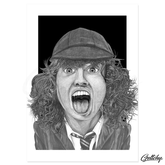 Geltchy | BACK IN BLACK Angus Young AC/DC Aussie Rock & Roll Guitarist Fine Art Man Cave Home Decor Illustrated Music Artwork Portrait Print